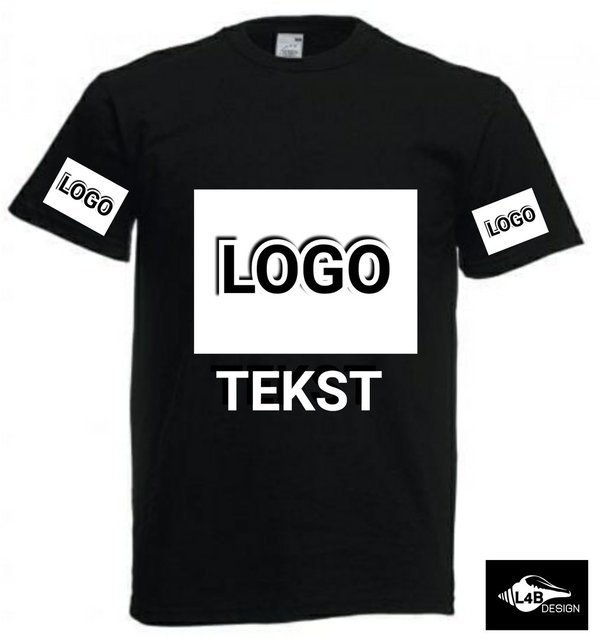 Eigen wens T-shirt - Logo+tekst + logo's op de mouwen,1 kleur